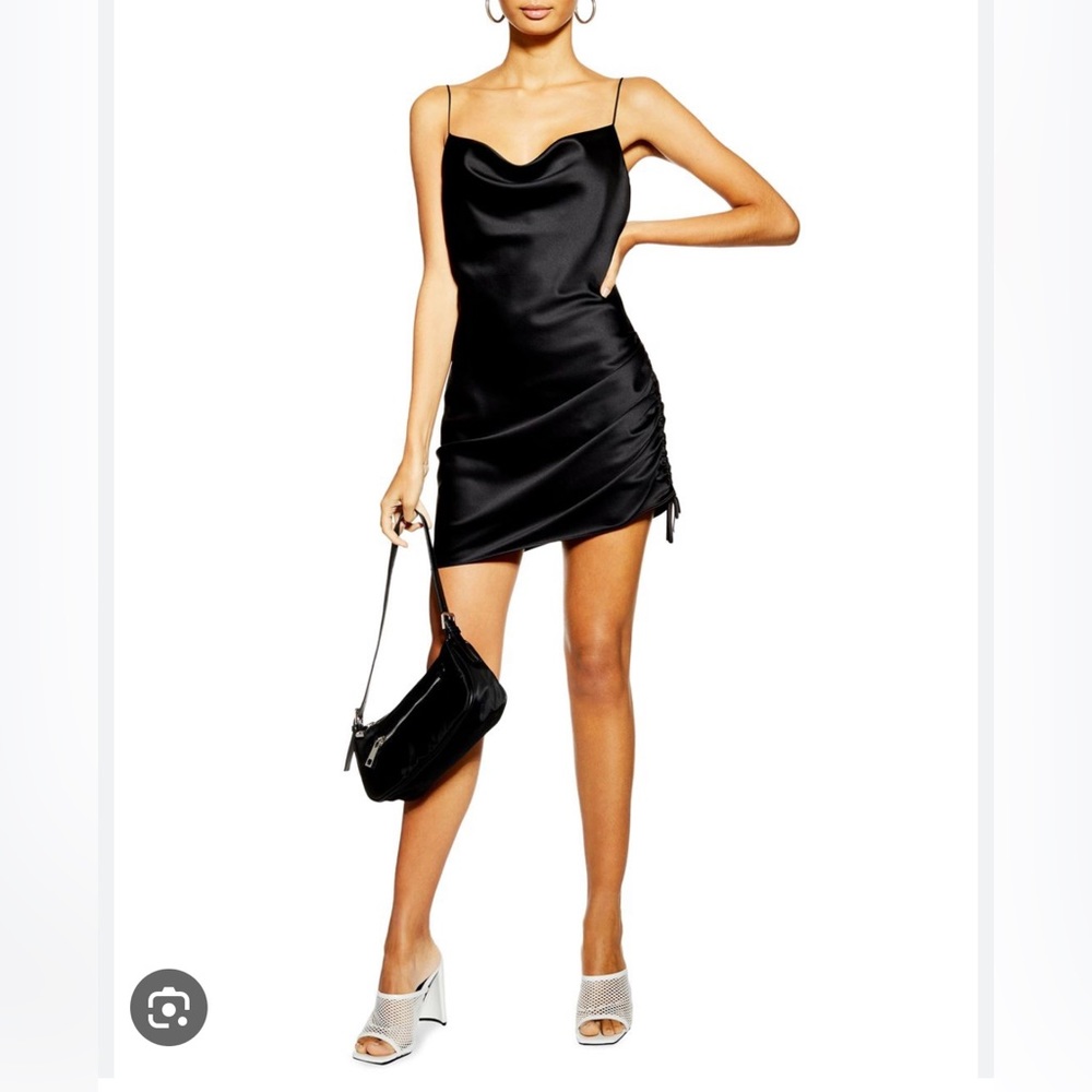 TOPSHOP Ruched Mini Satin Slip Dress in Black